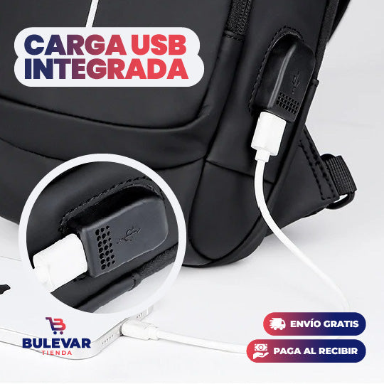 BOLSO MANOS LIBRES ANTIRROBO, CARGA USB, IMPERMEABLE
