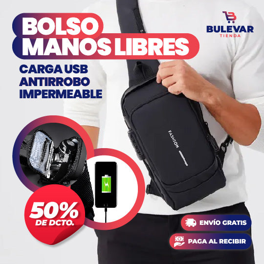 BOLSO MANOS LIBRES ANTIRROBO, CARGA USB, IMPERMEABLE