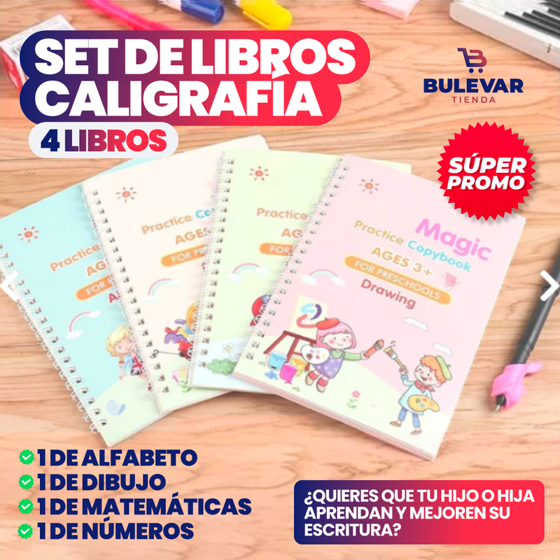 SET DE 4 LIBROS DE CALIGRAFÍA CON TINTA MÁGICA REUTILIZABLE