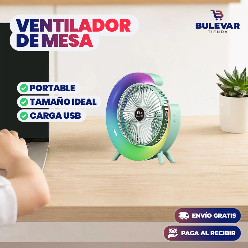 VENTILADOR DE MESA PORTÁTIL CON LUZ LED